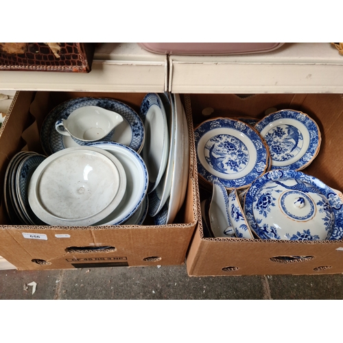 656 - Two boxes of vintage blue and white pottery