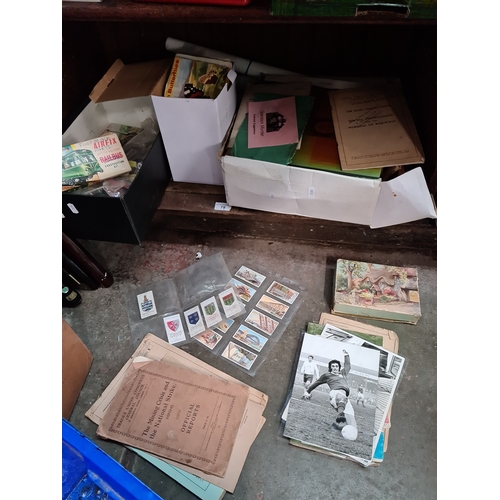 79 - 3 boxes of misc including tea cards, posters, ephemera, train timetables, etc.
