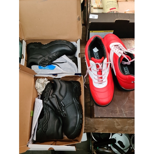 90 - Two pairs of size 7 safety shoes and a pair of RYN sports shoes, size 6.