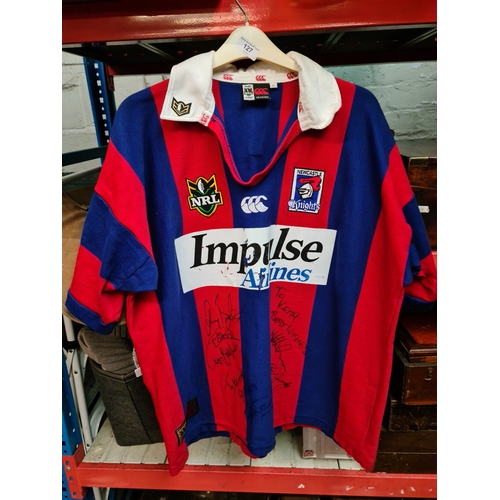 127 - A circa 1998 National Rugby League Newcastle Knights jersey, with various signatures.