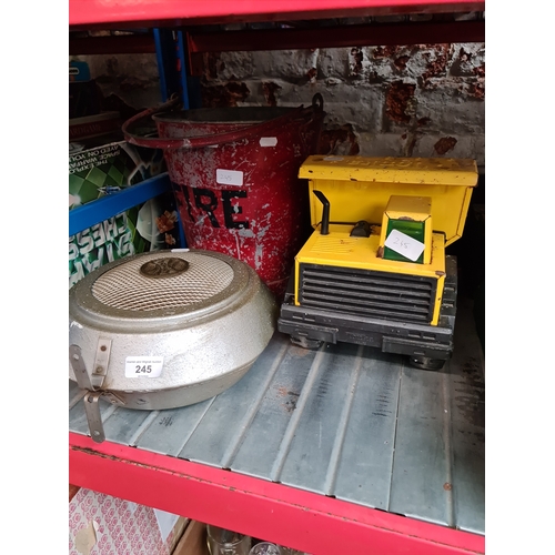 245 - An old fire bucket, a Tonka truck and an tannoy speaker.