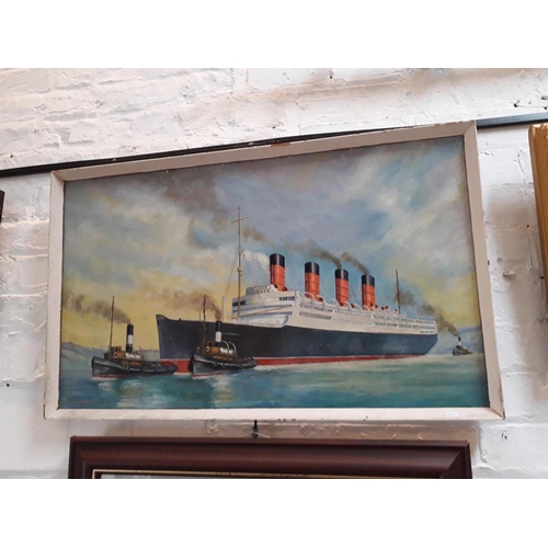 819 - 20th century school, HMS Aquitania, oil on board, 79cm x 46.5cm, signed 'B HUMPHREY 1962', framed.