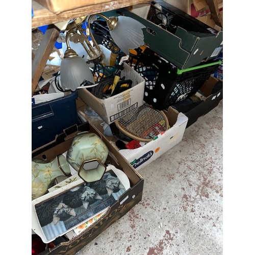 458 - Ten boxes of assorted kitchen ware, garage ware, toys and bric a brac.