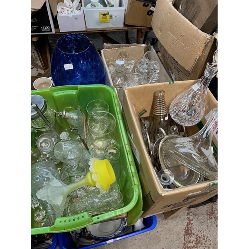 467 - Three boxes of glassware and a large blue glass