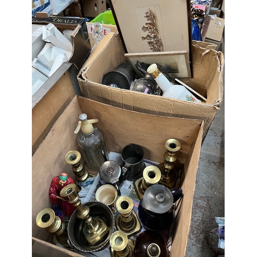 481 - 2 boxes of misc including metalware and ceramics including soda syphon, brass candlestick holders, H... 