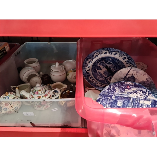 303 - A box of ceramics to include Poole, Delft and Eternal Beau and a box of various china and ceramics.