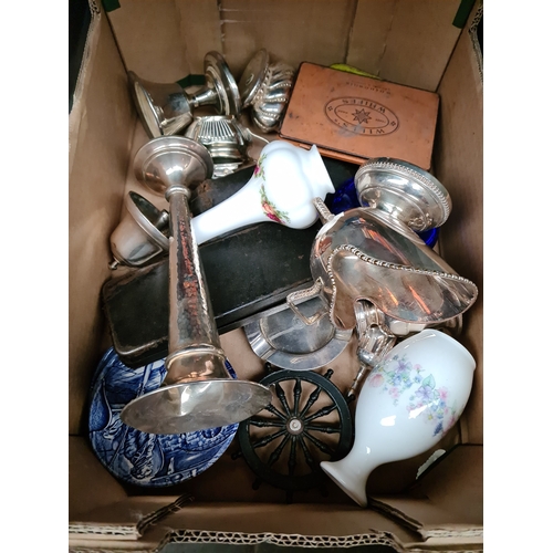 357 - A box of mixed items including silver vase height 21.5cm, gauges, a shipping line ash tray, table li... 