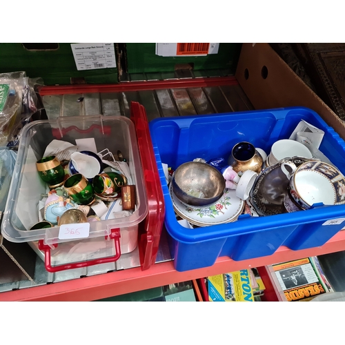 365 - Two boxes of mixed ceramics, metalware and collectables icluding Royal Crown Derby.