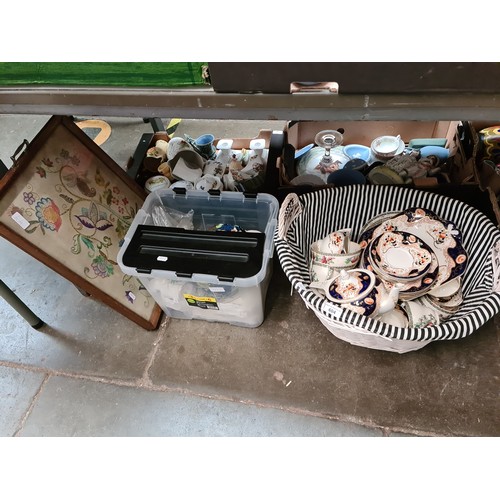 604 - Two boxed of misc ceramics and an embroidered tray (teasets - indian tree & wood & sons)