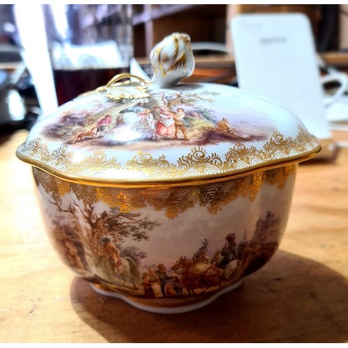 117 - A porcelain lidded pot, circa 1900, decoration depicting rural scenes, gilt border, Meissen crossed ... 