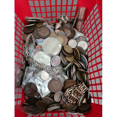 10 - A basket of GB and world coins, with some white metal items.