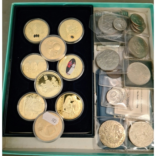 4 - A box of assorted coins to include 7 x William and Catherine gold plated commemorative coins, 2 x Qu... 