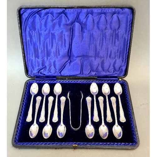 31 - A hallmarked silver cased set of 12 teaspoons and sugar snips, Thomas Latham & Ernest Morton, Birmin... 