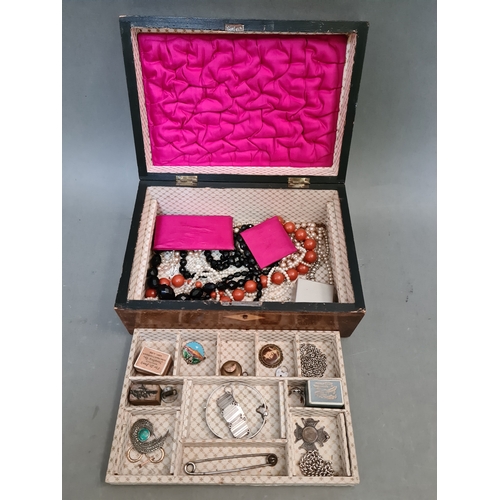 49 - A wooden jewellery box containing various jewellery to include silver, white metal, yellow metal, ba... 