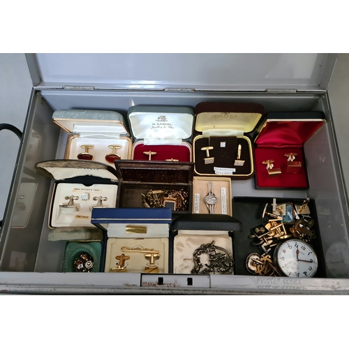 52 - A deed box containing vintage jewellery, cuff-links, tie pins, silver and a Helvetia military pocket... 