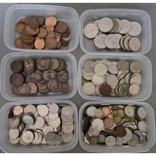 11 - Six tubs of assorted coins to include commemorative crowns, pennies, half pennies, half crowns, one/... 