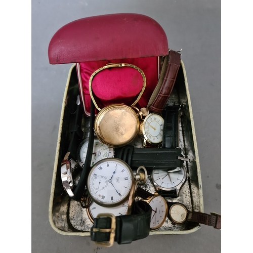 88 - A tin containing various watches including a Rone Incabloc wristwatch and three pocket watches.