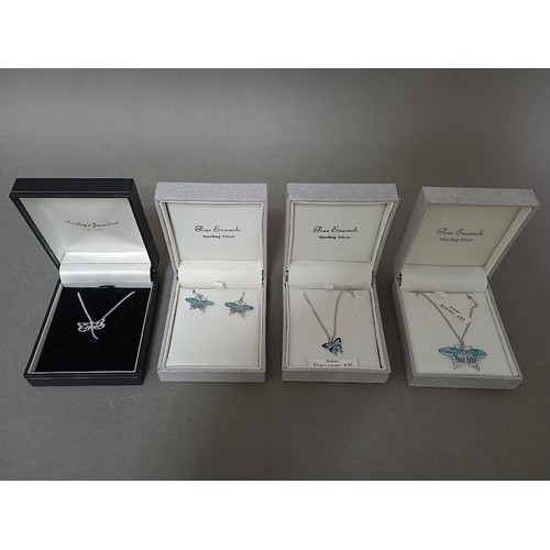 113 - Silver jewellery to include chain with enameled butterfly pendant and pair of earrings together with... 