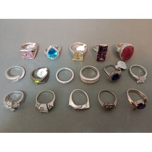 116 - A collection of 16 silver rings, various settings, marked 925.