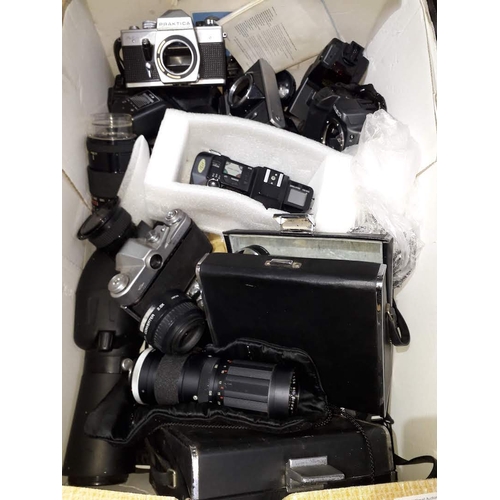 326 - A box of camera bodies, lenses, movie cameras etc.