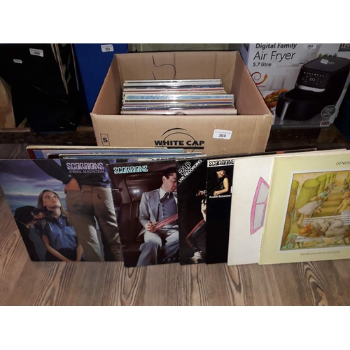 304 - A box of LPs, various genre and artists including Scorpions etc.