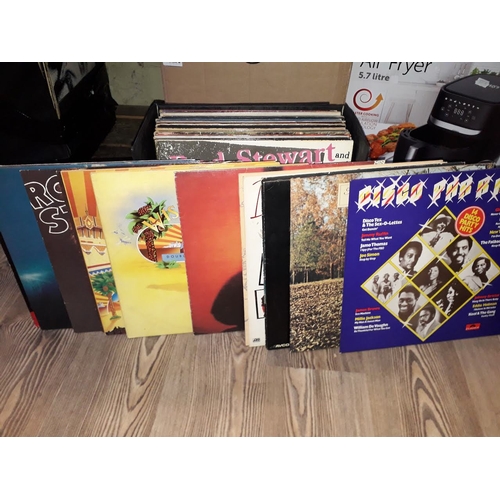 305 - A box of assorted LPs, various genre and artists including Rod Stewart etc.