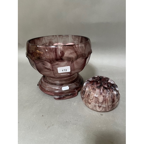 172 - A Davidson amethyst glass rose/posy bowl with stand.