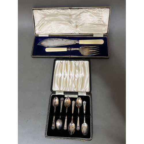 263 - A cased set of 6 hallmarked silver tea spoons, Birmingham, Angora Silver Plate Co Ltd, 1960 together... 