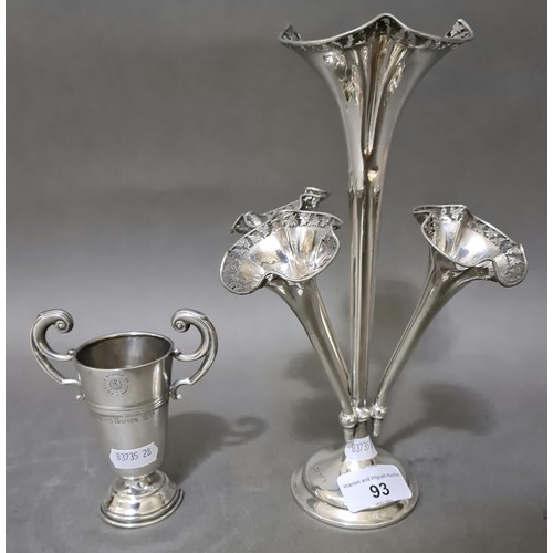 93 - A hallmarked silver epergne and a small trophy cup, gross weight 9.6 ozt.