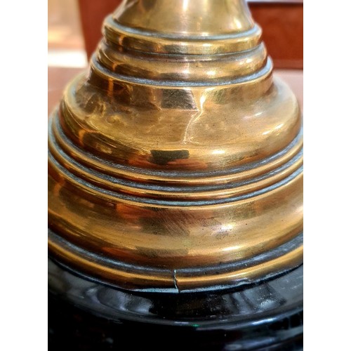 166 - A brass oil lamp with cut glass reservoir and etched glass shade.