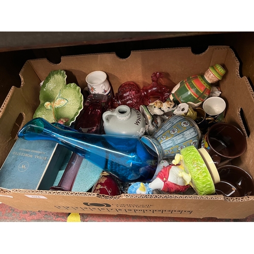 524 - A mixed box of glass and ceramics including Royal Worcester, Branksome, Staffordshire, cranberry gla... 