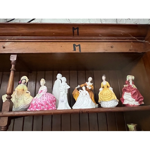 532 - 8 figurines, including Royal Doulton Victoria and Sunday Best, Top o' the Hill and Coralie, 3 other ... 