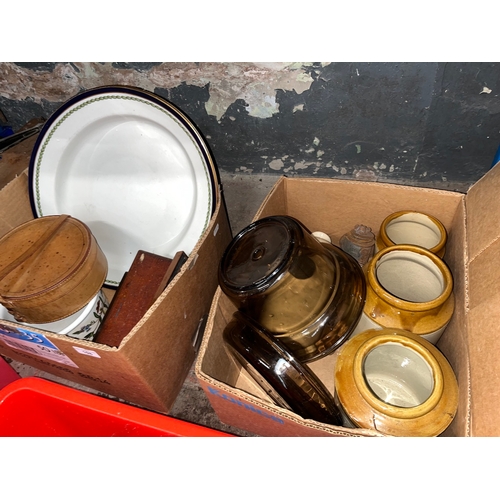 108 - Two boxes of mixed items including Portmerion dish, leather collar case containing stud boxes, ceram... 