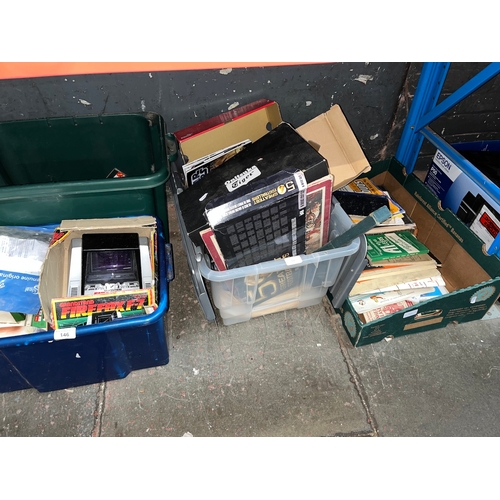 146 - 4 boxes of misc items including various games, Star Wars magazines, collectables, a Grandstand Firef... 