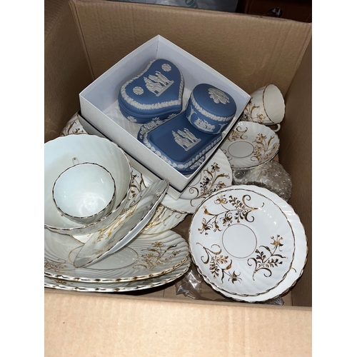 170 - A small box of Jasperware together with some china cups and saucers.