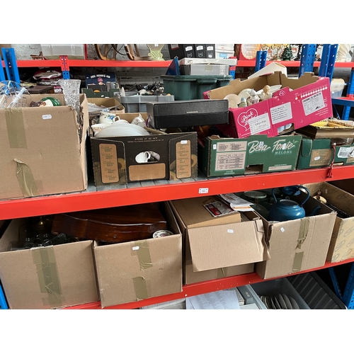 180 - 10 boxes of misc ceramics, glassware, ornaments, jewellery, platedware, metalware, crystal, pictures... 