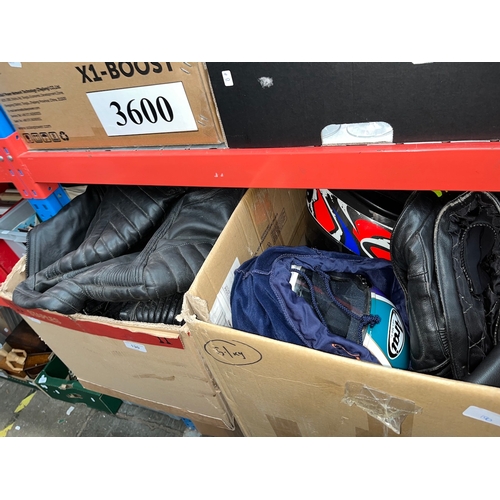 190 - 2 boxes of motorcycle leathers, pants, gloves, helmets, etc.