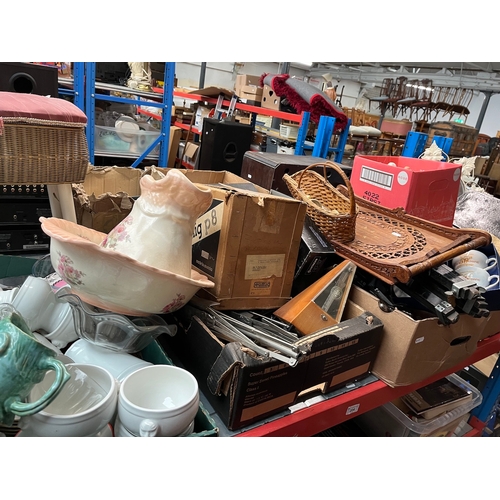 204 - 4 boxes of assorted items including music stands, a metronome, sewing seat box with contents, an Eum... 