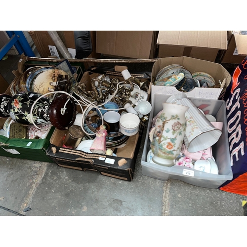 218 - 4 boxes of misc items including ceramics, pottery, collector's plates, table lamp, brassware, wall m... 