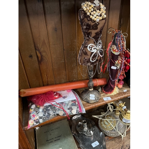 30 - A manakin style jewellery stand, another jewllery stand together witha bag of vintage buttons and a ... 