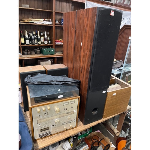 91 - A vintage Amstrad hifi tower system - stereo amp, stereo tuner, stereo cassette deck with pair of Am... 