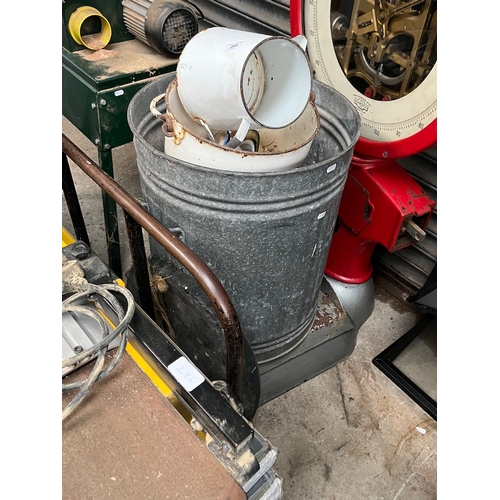 284 - A galvanised bin containing enameled dishes, jug, pales etc.