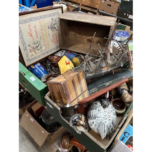 387 - 2 boxes of assorted items including model galleon, framed needlework, pottery, treen, doll, ornament... 