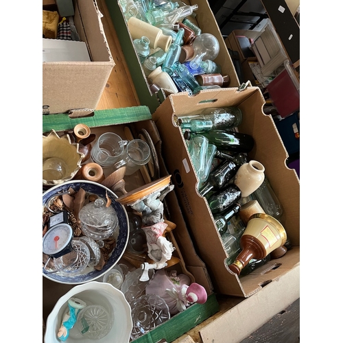 435 - Three boxes of vintage including treen, glassware, ceramics, vintge bottles, stoneware etc