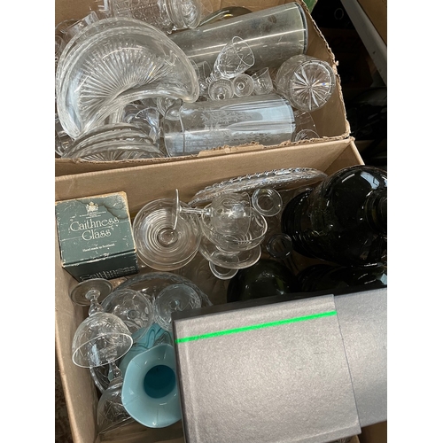 460 - 2 boxes of glassware including large black glass ornamental bottles, boxed Amsterdam Sauer carafe an... 