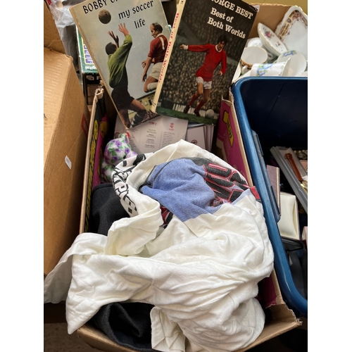 483 - A box of assorted football and cricket shirts, vintage football books.