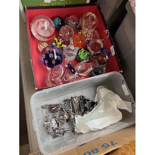 490 - A box containing various glass paperweights and some ornaments, 20 in total, together with a box of ... 