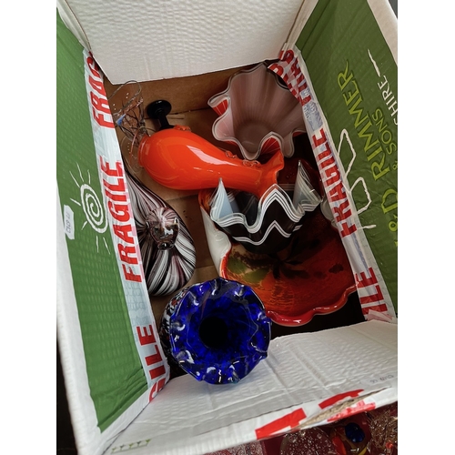 499 - A box of art glass including handkerchief vase, glass duck etc