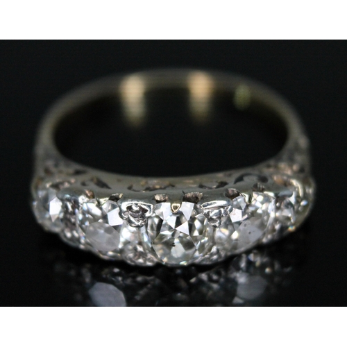 21 - An antique five stone diamond ring, the old European cut stones weighing approx. 0.22, 0.43, 0.71, 0... 