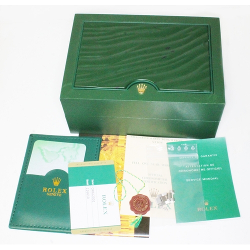 77 - A Rolex green watch box with spare links, tag and papers.